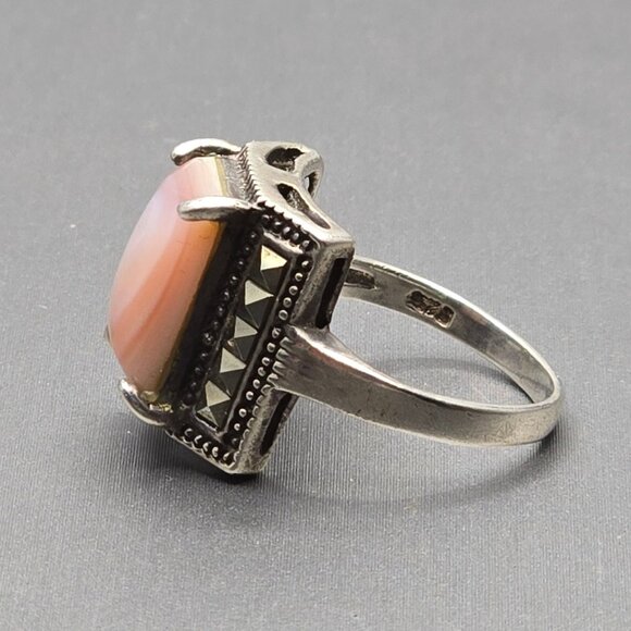 VTG Sterling Silver Pink Queen Conch Shell Marcasite Ring Sz 5 WS Art Deco Style - Picture 2 of 10